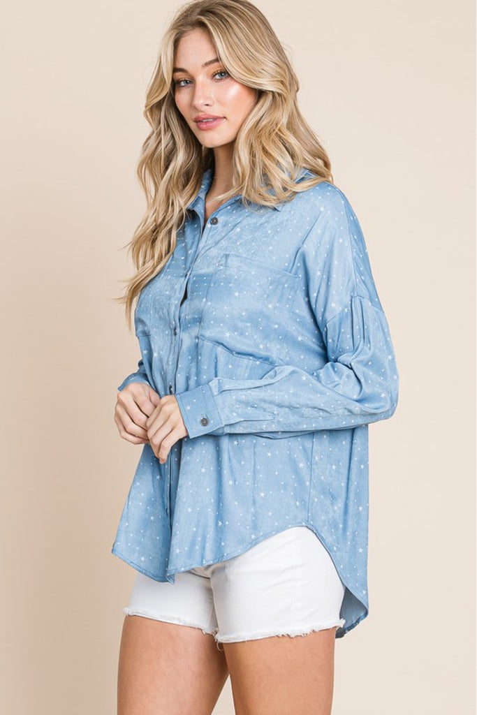 HEYSON Full Size You're A Star Button-Up Denim Look Shirt-Timber Brooke Boutique, Online Women's Fashion Boutique in Amarillo, Texas