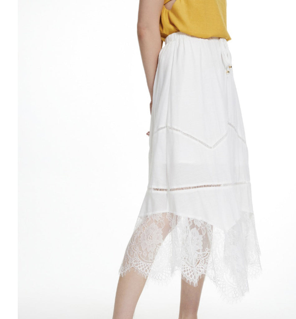 White Lace Asymmetrical Hem Maxi Skirt-Skirts-Timber Brooke Boutique, Online Women's Fashion Boutique in Amarillo, Texas