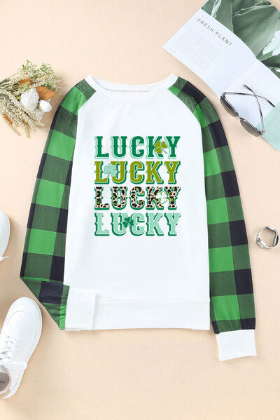LUCKY Plaid Round Neck Raglan Sleeve T-Shirt-Timber Brooke Boutique, Online Women's Fashion Boutique in Amarillo, Texas