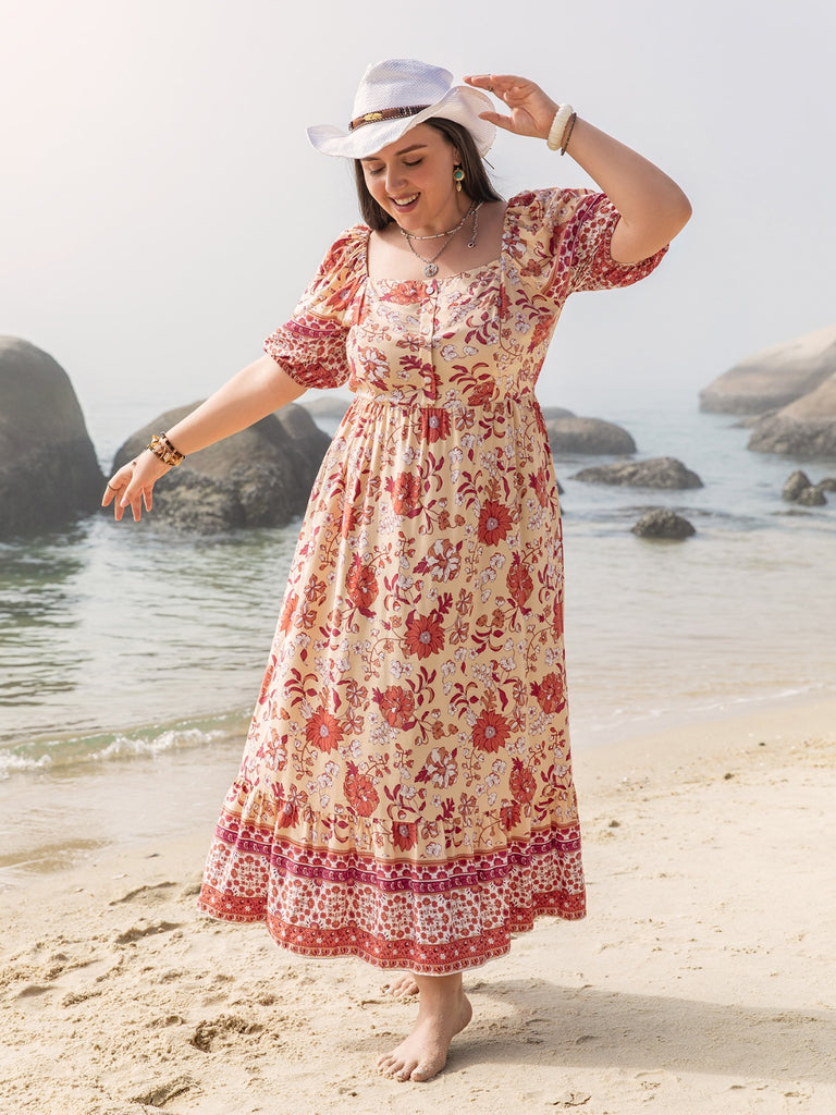 Plus Size Printed Square Neck Ruffle Hem Dress-Timber Brooke Boutique, Online Women's Fashion Boutique in Amarillo, Texas