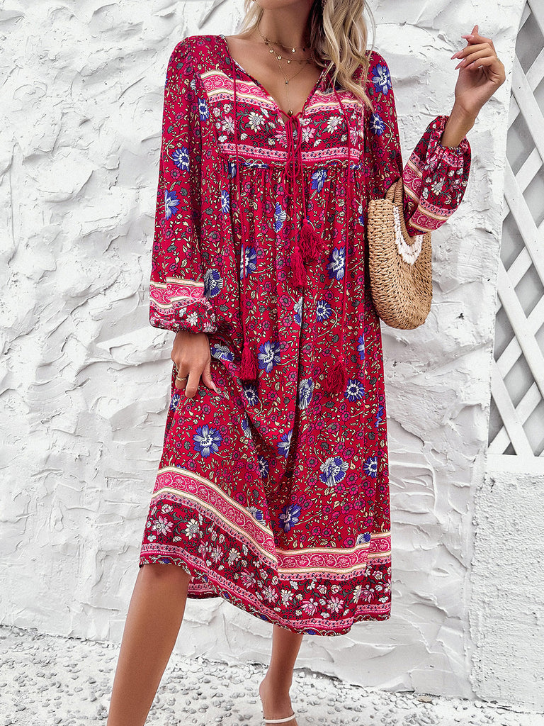 Tassel Tied Printed Long Sleeve Dress-Timber Brooke Boutique, Online Women's Fashion Boutique in Amarillo, Texas