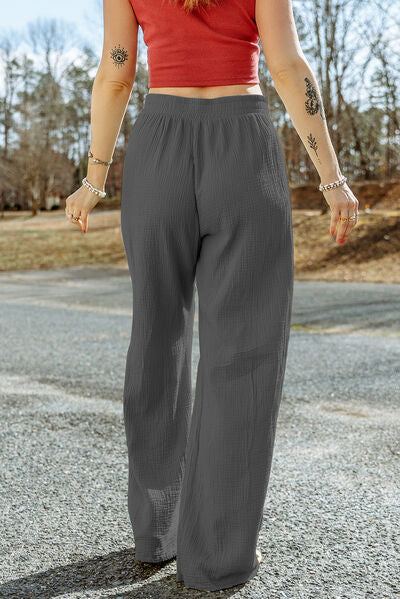 Texture Tied Wide Leg Pants-Timber Brooke Boutique, Online Women's Fashion Boutique in Amarillo, Texas