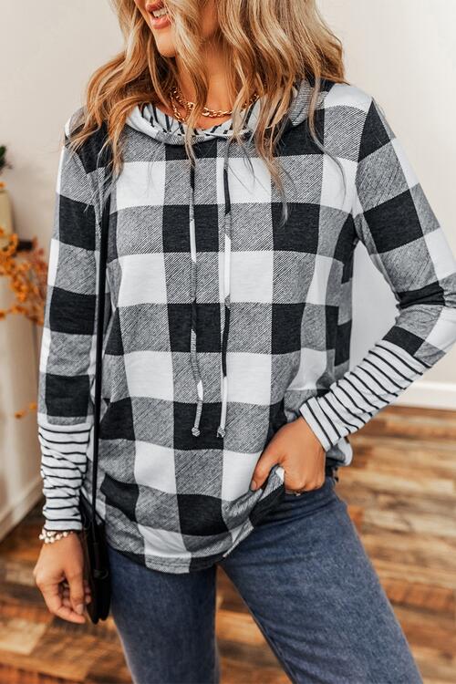 Plaid Drawstring Long Sleeve Hoodie-Timber Brooke Boutique, Online Women's Fashion Boutique in Amarillo, Texas