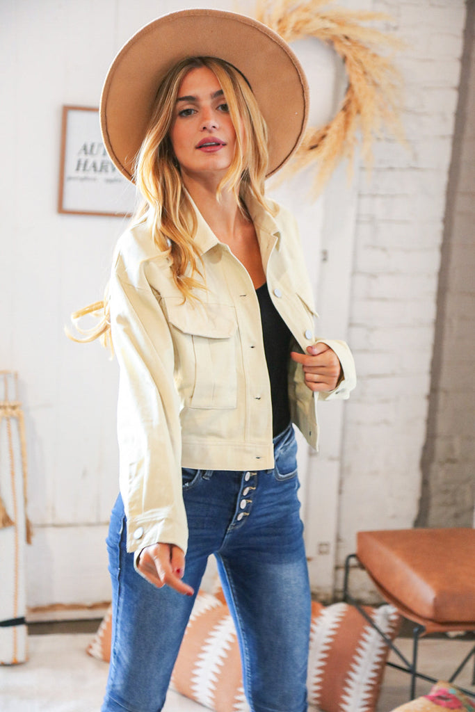 Taupe Cotton Twill Drop Shoulder Button Jacket-Timber Brooke Boutique, Online Women's Fashion Boutique in Amarillo, Texas