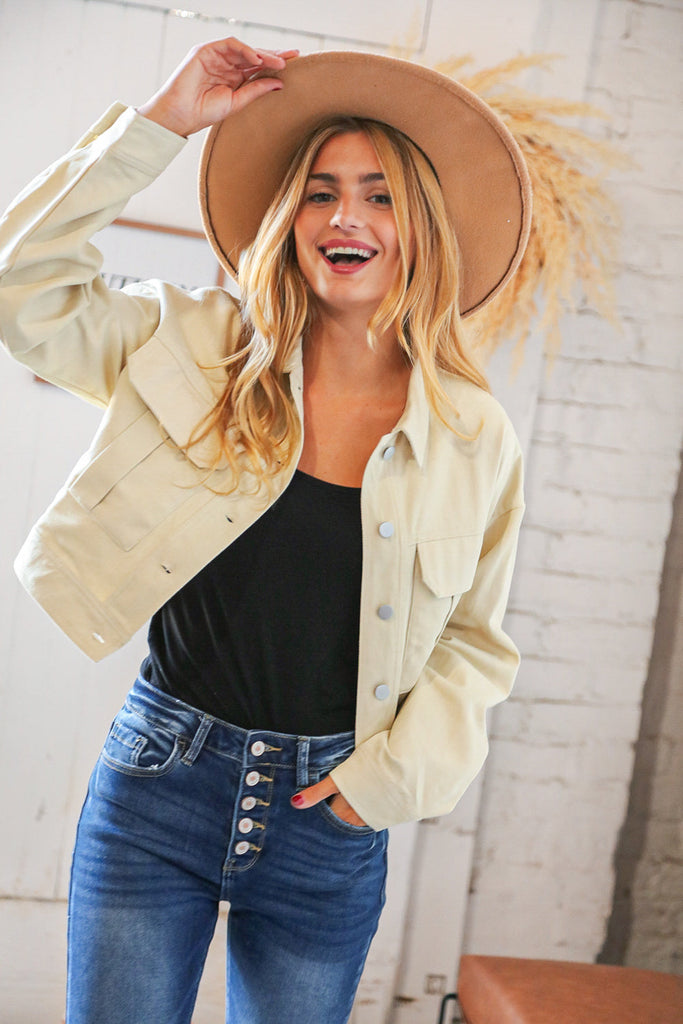 Taupe Cotton Twill Drop Shoulder Button Jacket-Timber Brooke Boutique, Online Women's Fashion Boutique in Amarillo, Texas