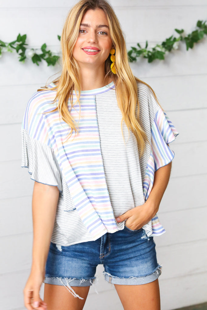 Plum Stripe Color Block Ruffle Sleeve Top-Timber Brooke Boutique, Online Women's Fashion Boutique in Amarillo, Texas