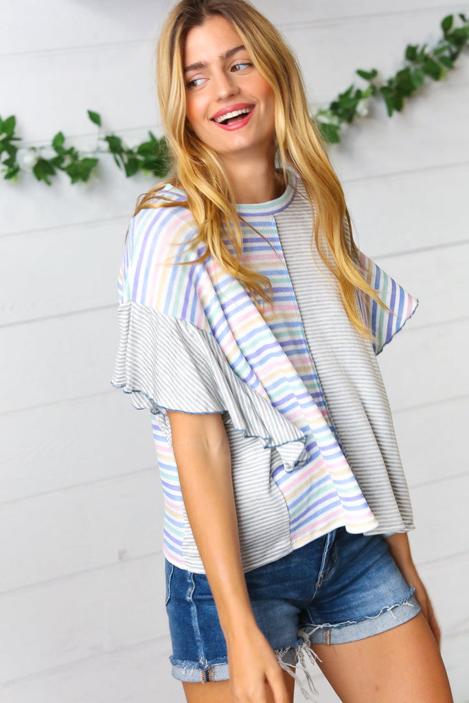 Plum Stripe Color Block Ruffle Sleeve Top-Timber Brooke Boutique, Online Women's Fashion Boutique in Amarillo, Texas