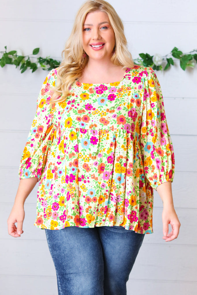 Daffodil Square Neck Peplum Floral Challis Woven Top-Timber Brooke Boutique, Online Women's Fashion Boutique in Amarillo, Texas