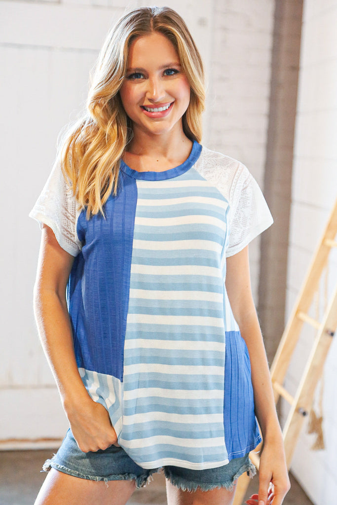 Blue Rib Terry Lace & Stripe Color Block Top-Timber Brooke Boutique, Online Women's Fashion Boutique in Amarillo, Texas