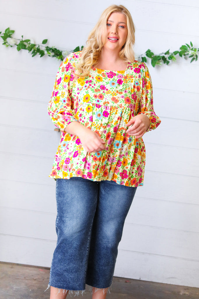 Daffodil Square Neck Peplum Floral Challis Woven Top-Timber Brooke Boutique, Online Women's Fashion Boutique in Amarillo, Texas