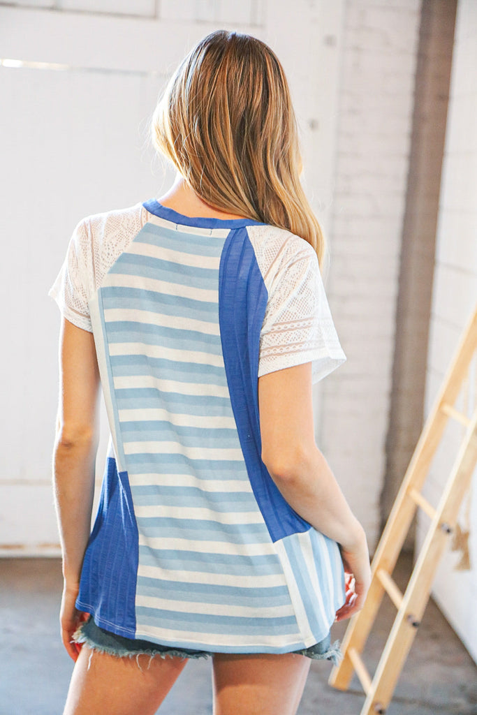 Blue Rib Terry Lace & Stripe Color Block Top-Timber Brooke Boutique, Online Women's Fashion Boutique in Amarillo, Texas