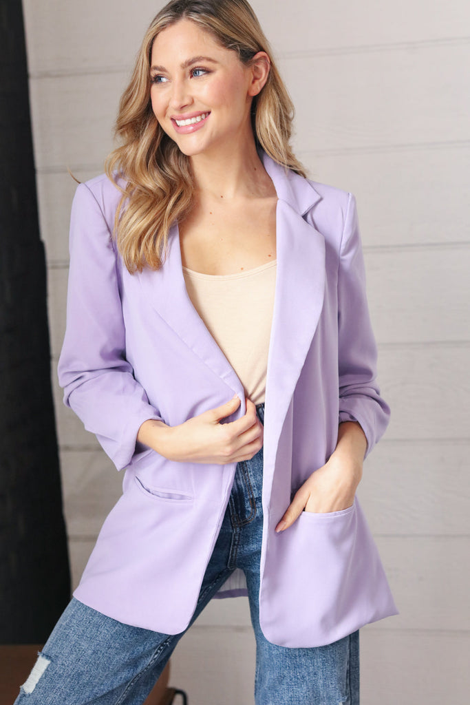 Lavender Notched Lapel Ruched Sleeve Blazer-Coats and Jackets-Timber Brooke Boutique, Online Women's Fashion Boutique in Amarillo, Texas