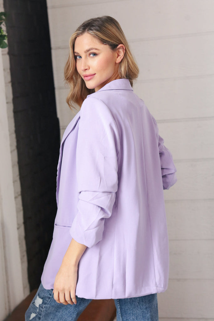 Lavender Notched Lapel Ruched Sleeve Blazer-Coats and Jackets-Timber Brooke Boutique, Online Women's Fashion Boutique in Amarillo, Texas