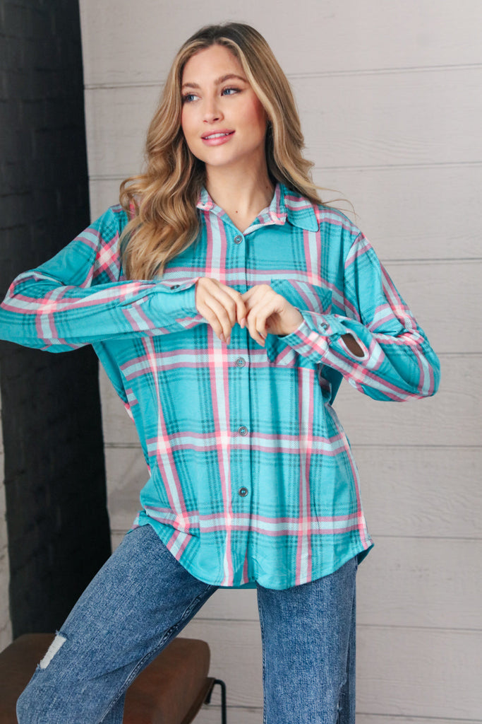 Teal & Pink Plaid Front Pocket Shirt Shacket-Long Sleeve Tops-Timber Brooke Boutique, Online Women's Fashion Boutique in Amarillo, Texas