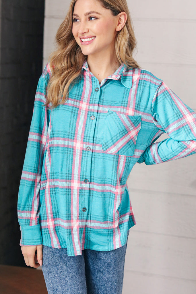 Teal & Pink Plaid Front Pocket Shirt Shacket-Long Sleeve Tops-Timber Brooke Boutique, Online Women's Fashion Boutique in Amarillo, Texas