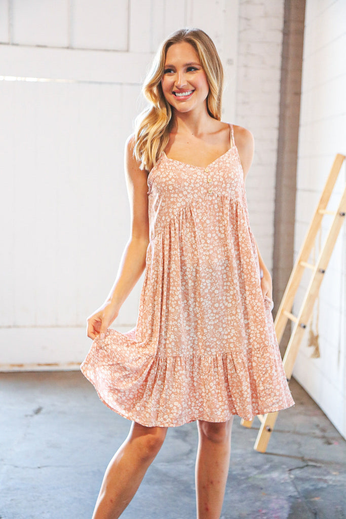 Ditzy Floral Babydoll Button Pocketed Sleeveless Dress-Timber Brooke Boutique, Online Women's Fashion Boutique in Amarillo, Texas