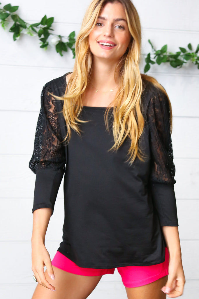 Black Lace Three Quarter Bubble Sleeve Top-Timber Brooke Boutique, Online Women's Fashion Boutique in Amarillo, Texas