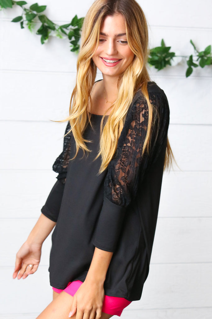 Black Lace Three Quarter Bubble Sleeve Top-Timber Brooke Boutique, Online Women's Fashion Boutique in Amarillo, Texas