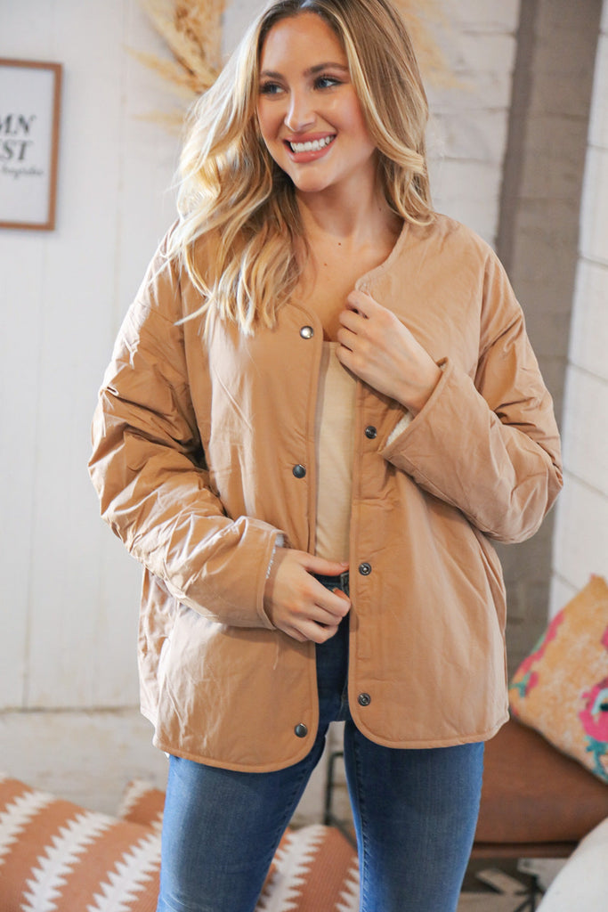 Tan Sherpa Snap Closure Fur/Reversible Lined Jacket-Timber Brooke Boutique, Online Women's Fashion Boutique in Amarillo, Texas