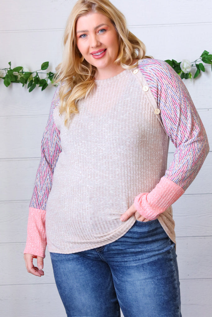 Taupe Two Tone Rib Chevron Button Raglan Top-Long Sleeve Tops-Timber Brooke Boutique, Online Women's Fashion Boutique in Amarillo, Texas