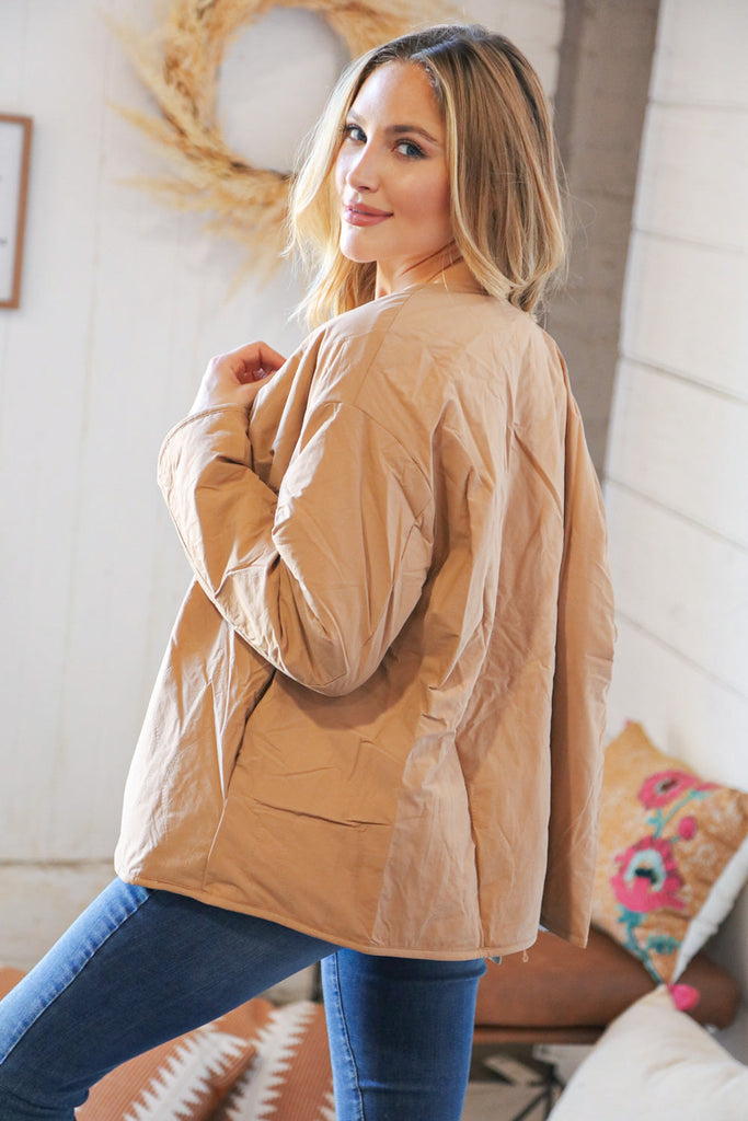 Tan Sherpa Snap Closure Fur/Reversible Lined Jacket-Timber Brooke Boutique, Online Women's Fashion Boutique in Amarillo, Texas