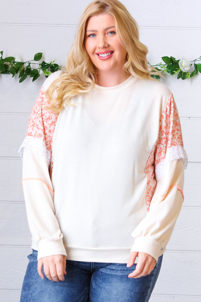 Cream Ditzy Floral Bubble Sleeve Lace Trim Pullover-Timber Brooke Boutique, Online Women's Fashion Boutique in Amarillo, Texas