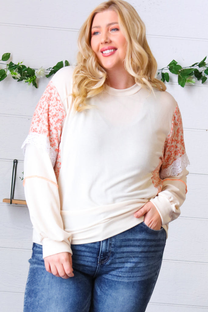 Cream Ditzy Floral Bubble Sleeve Lace Trim Pullover-Timber Brooke Boutique, Online Women's Fashion Boutique in Amarillo, Texas