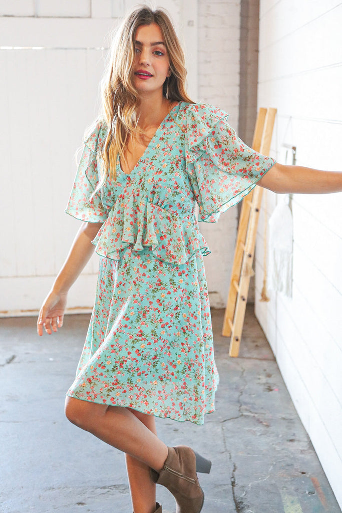Teal Chiffon Ruffle V Neck Back Tie Lined Dress-Timber Brooke Boutique, Online Women's Fashion Boutique in Amarillo, Texas