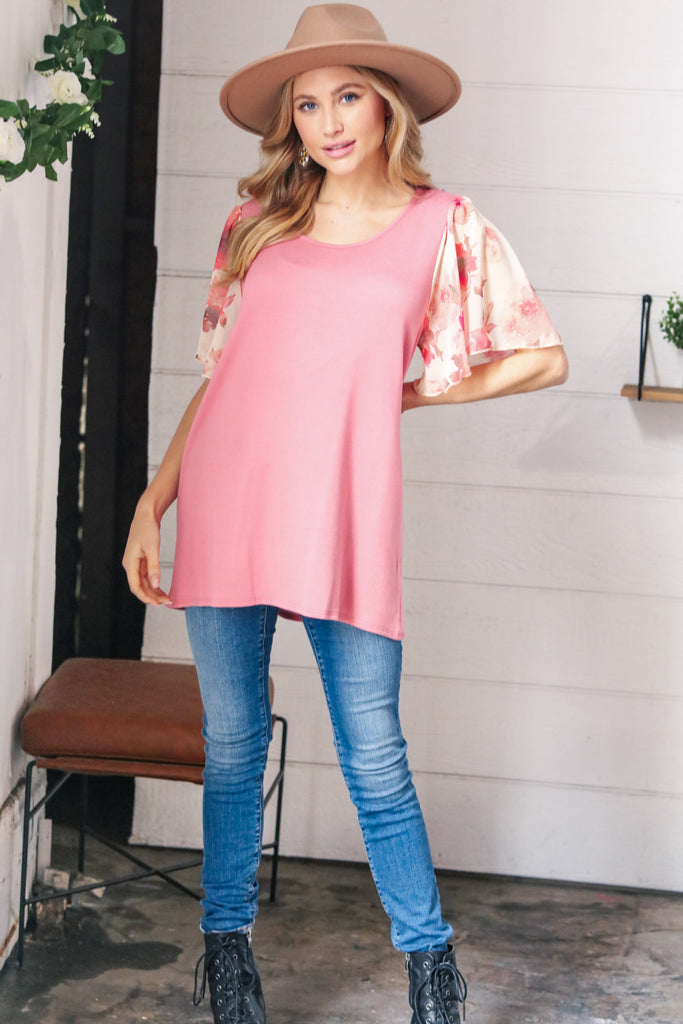 Mauve Rib Floral Chiffon Flutter Sleeve Knit Top-Timber Brooke Boutique, Online Women's Fashion Boutique in Amarillo, Texas