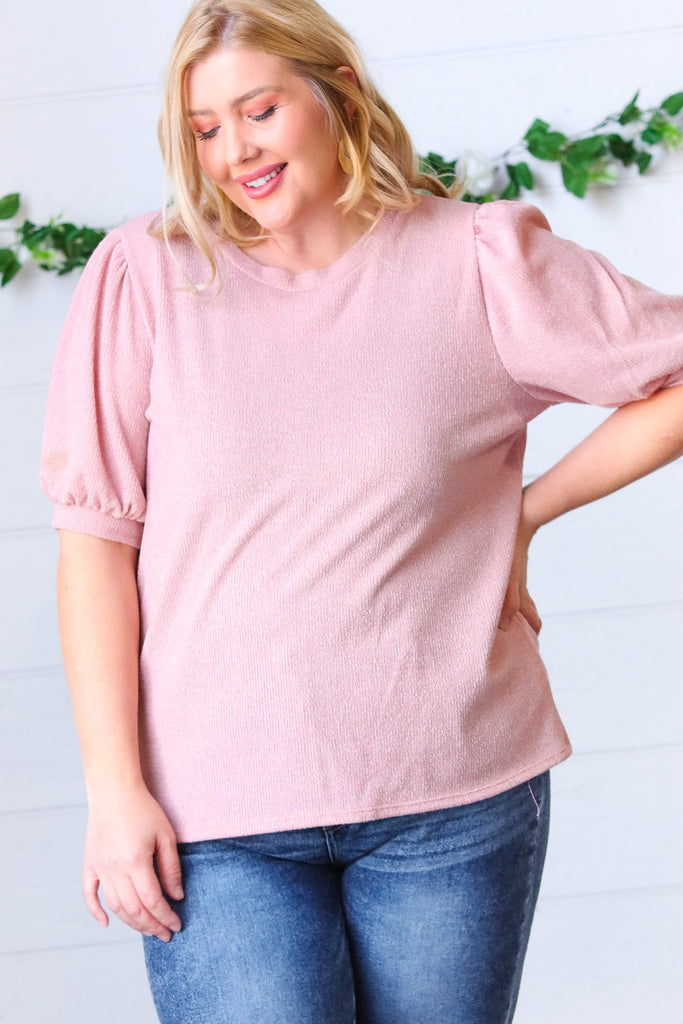 Baby Pink Puff Sleeve Two Tone Sweater Top-Timber Brooke Boutique, Online Women's Fashion Boutique in Amarillo, Texas