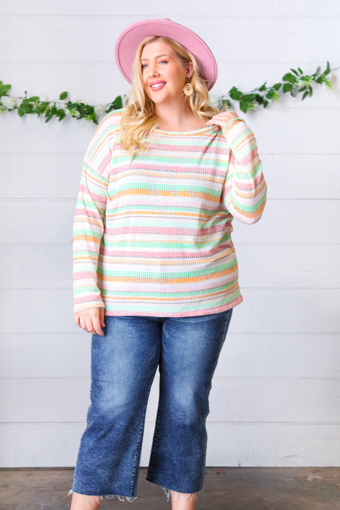 Green Apple & Tangerine Textured Vintage Stripe Top-Timber Brooke Boutique, Online Women's Fashion Boutique in Amarillo, Texas