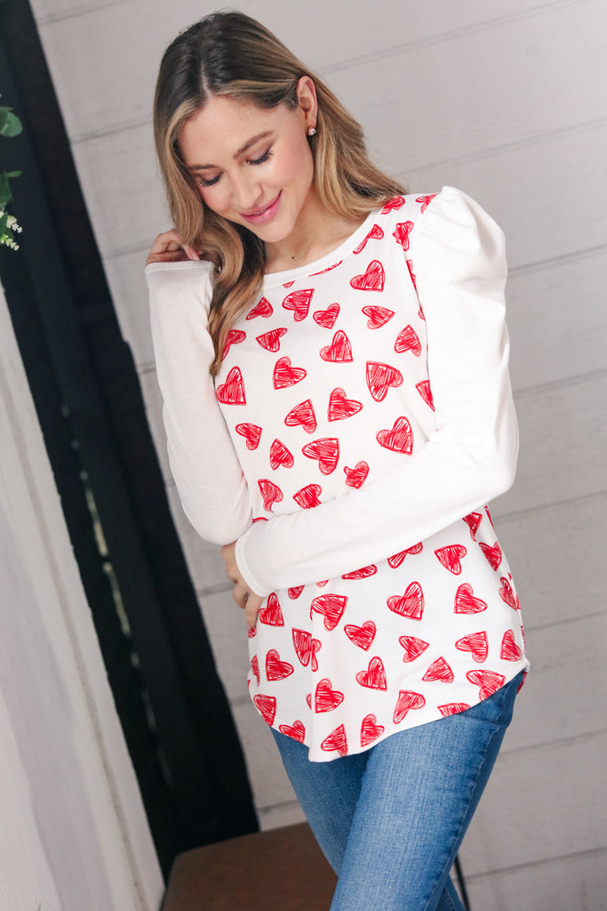 Heart Print French Terry Puff Sleeve Top-Timber Brooke Boutique, Online Women's Fashion Boutique in Amarillo, Texas
