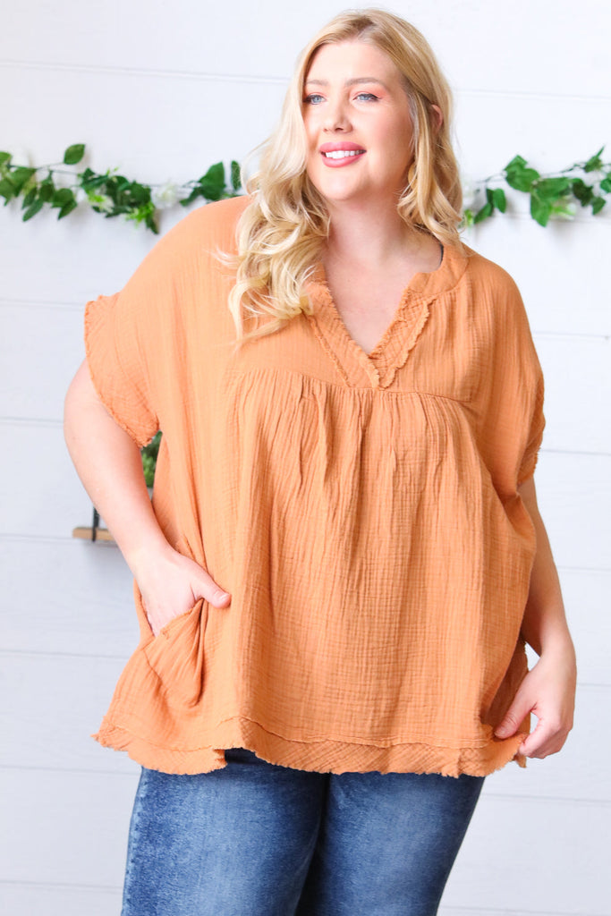 Butter Cotton Banded V Neck Frayed Pocketed Top-Timber Brooke Boutique, Online Women's Fashion Boutique in Amarillo, Texas