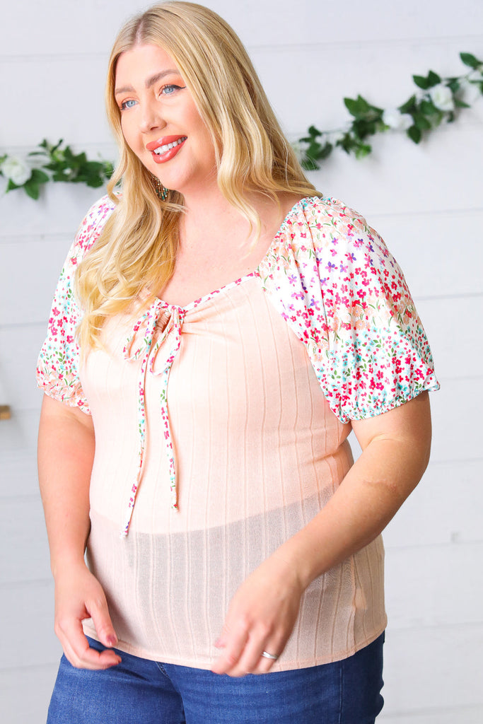 Peach & Floral Tie Neck Bubble Sleeve Top-Short Sleeve Top-Timber Brooke Boutique, Online Women's Fashion Boutique in Amarillo, Texas