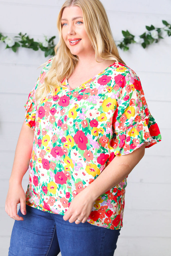 Red Flat Floral Pring Dolman Ruffle Frill Sleeve Blouse-Short Sleeve Top-Timber Brooke Boutique, Online Women's Fashion Boutique in Amarillo, Texas