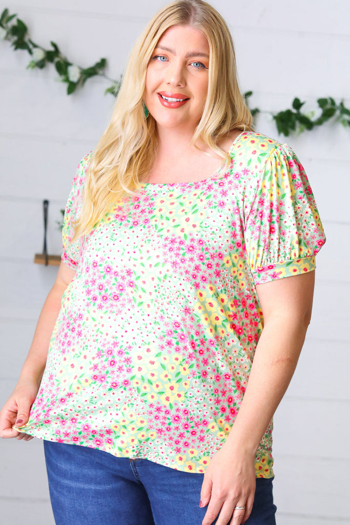 Canary/Mint Floral Square Neck Bubble Sleeve Top-Short Sleeve Top-Timber Brooke Boutique, Online Women's Fashion Boutique in Amarillo, Texas