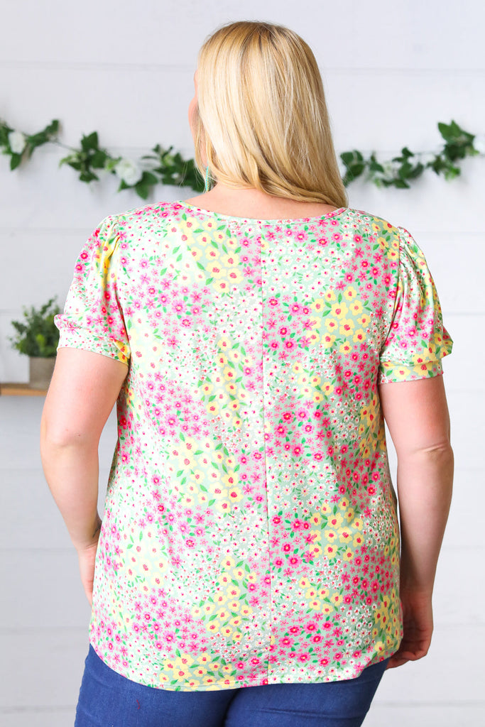 Canary/Mint Floral Square Neck Bubble Sleeve Top-Short Sleeve Top-Timber Brooke Boutique, Online Women's Fashion Boutique in Amarillo, Texas