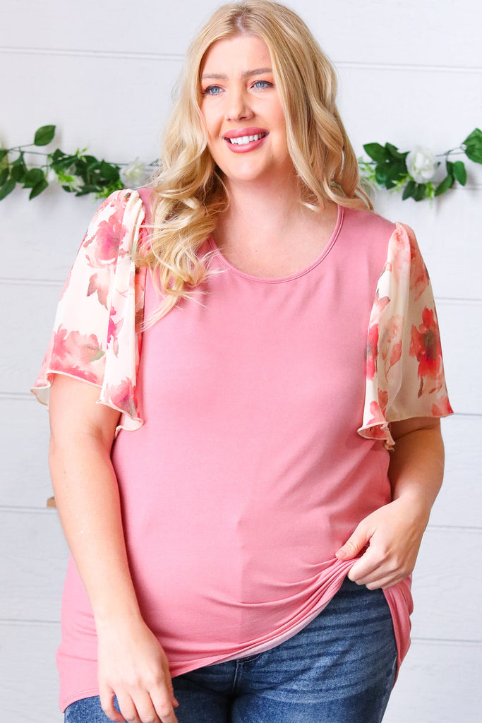 Mauve Rib Floral Chiffon Flutter Sleeve Knit Top-Timber Brooke Boutique, Online Women's Fashion Boutique in Amarillo, Texas