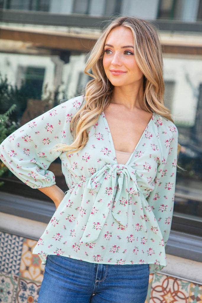 Mint Crepe Seersucker Floral Knotted Woven Blouse-Timber Brooke Boutique, Online Women's Fashion Boutique in Amarillo, Texas