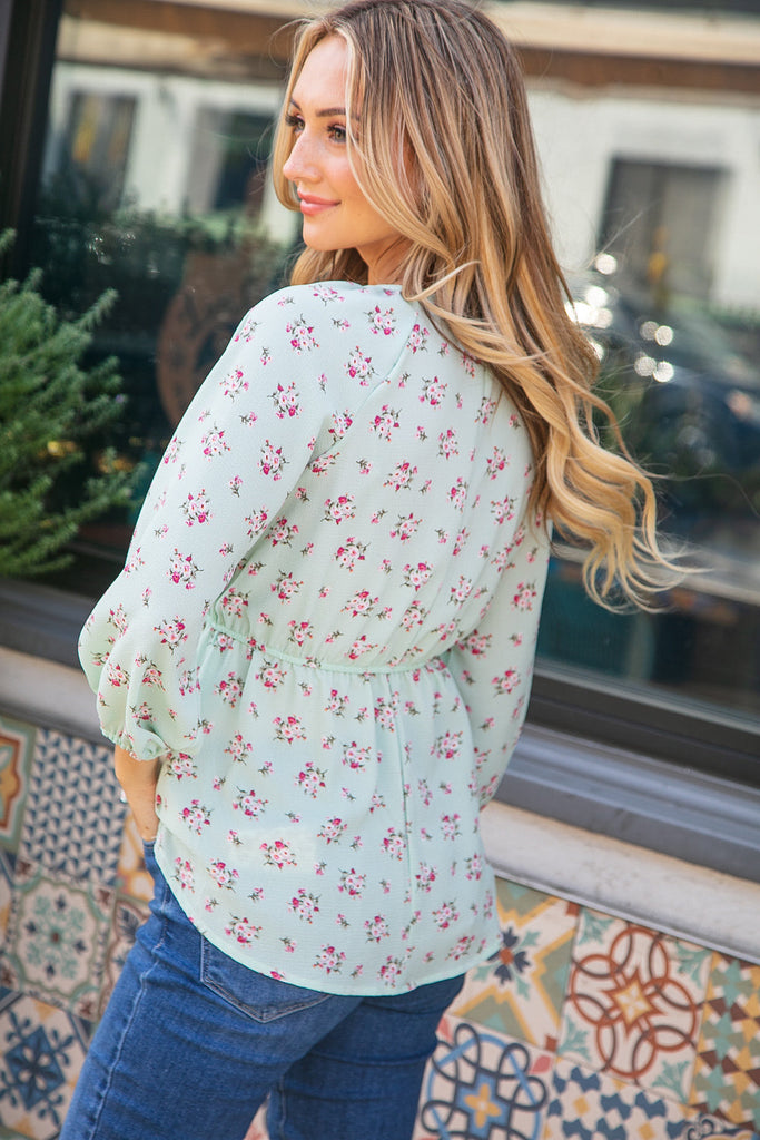 Mint Crepe Seersucker Floral Knotted Woven Blouse-Timber Brooke Boutique, Online Women's Fashion Boutique in Amarillo, Texas