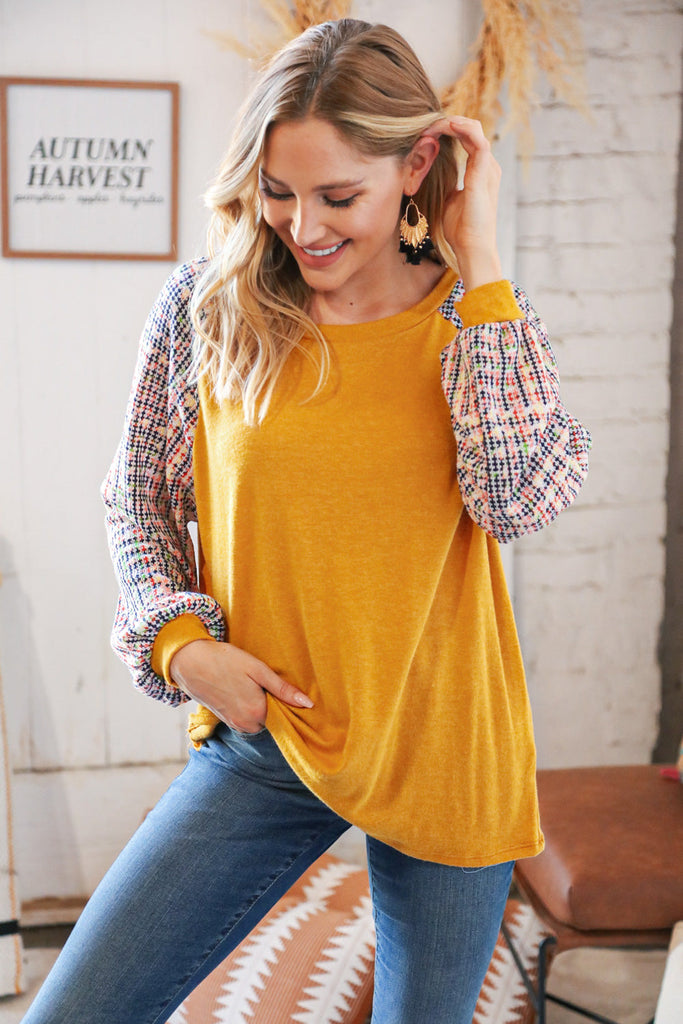Mustard Hacci Multi Bubble Sleeve Raglan Top-Timber Brooke Boutique, Online Women's Fashion Boutique in Amarillo, Texas
