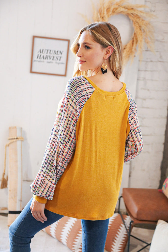 Mustard Hacci Multi Bubble Sleeve Raglan Top-Timber Brooke Boutique, Online Women's Fashion Boutique in Amarillo, Texas