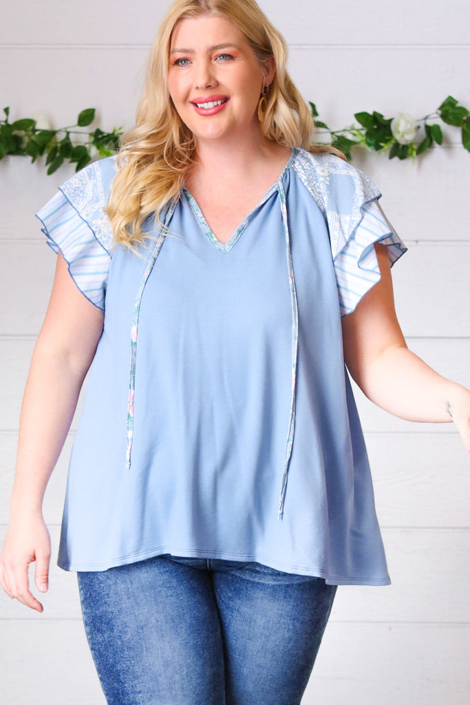 Blue Floral & Stripe V Neck Tie Double Flutter Sleeve Top-Timber Brooke Boutique, Online Women's Fashion Boutique in Amarillo, Texas