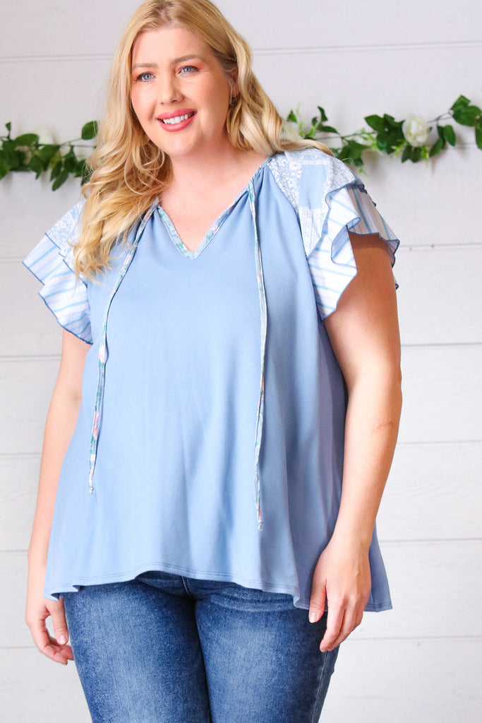 Blue Floral & Stripe V Neck Tie Double Flutter Sleeve Top-Timber Brooke Boutique, Online Women's Fashion Boutique in Amarillo, Texas