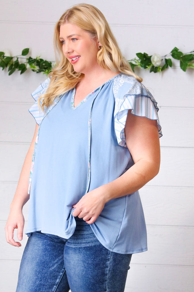 Blue Floral & Stripe V Neck Tie Double Flutter Sleeve Top-Timber Brooke Boutique, Online Women's Fashion Boutique in Amarillo, Texas