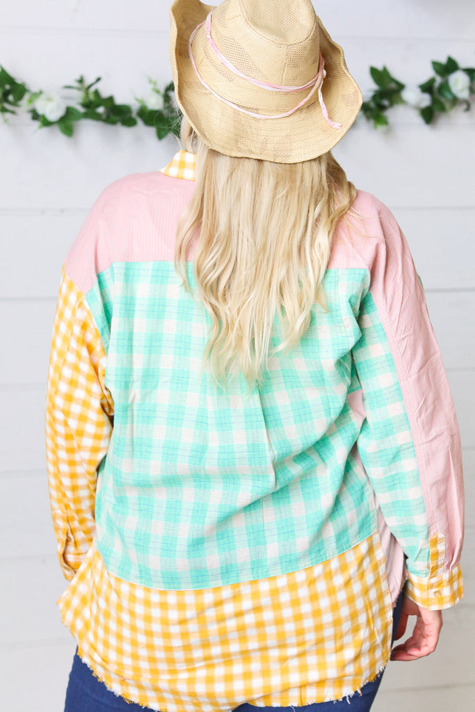 Mint & Pink Cotton Plaid Check Baby Doll Raglan Shirt-Timber Brooke Boutique, Online Women's Fashion Boutique in Amarillo, Texas