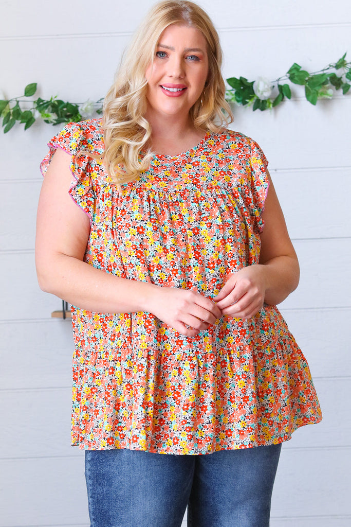 Sunset Floral Print Ruffle Tiered Keyhole Top-Timber Brooke Boutique, Online Women's Fashion Boutique in Amarillo, Texas