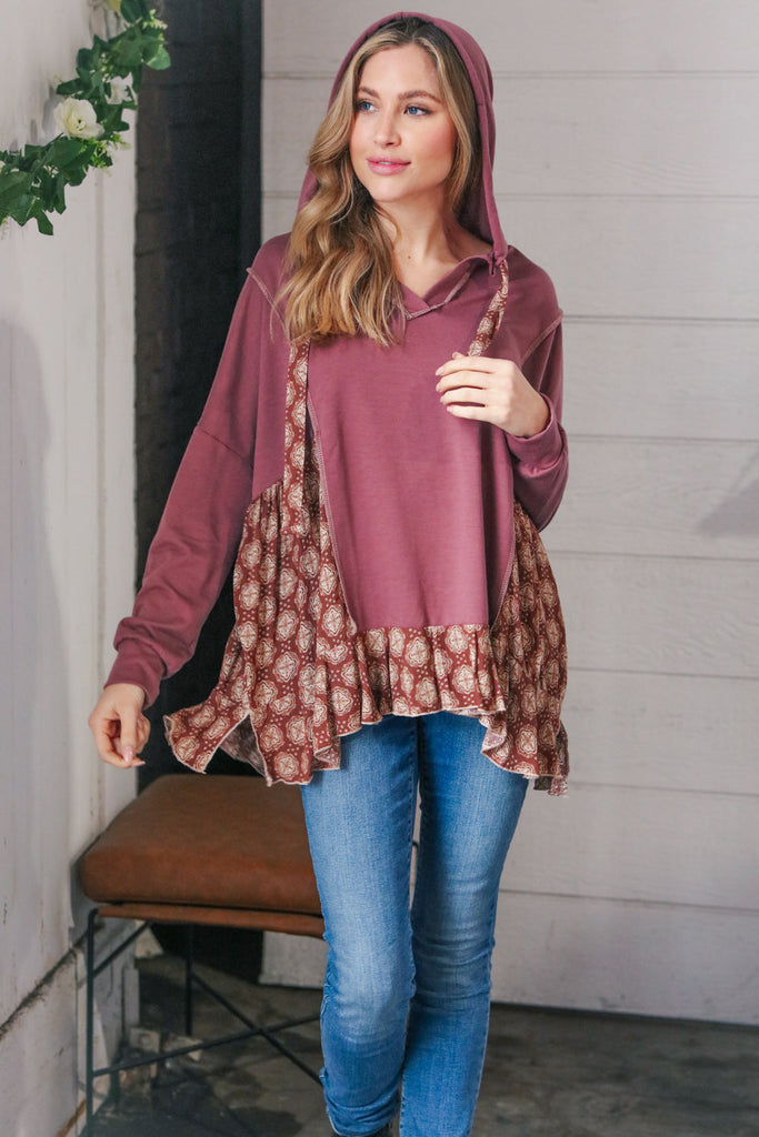 Plum Ethnic Outseam Drawstring Hoodie-Long Sleeve Tops-Timber Brooke Boutique, Online Women's Fashion Boutique in Amarillo, Texas