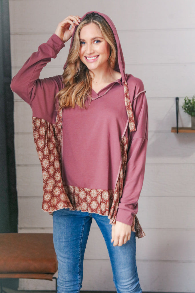 Plum Ethnic Outseam Drawstring Hoodie-Long Sleeve Tops-Timber Brooke Boutique, Online Women's Fashion Boutique in Amarillo, Texas