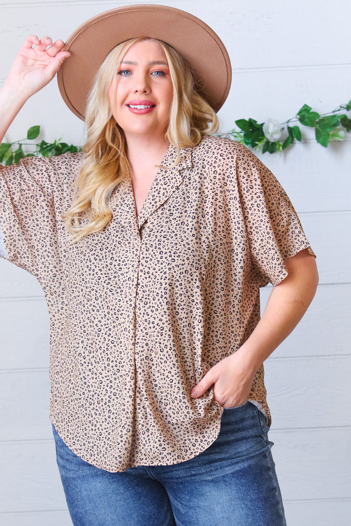 Cheetah Animal Print Collared V Neck Woven Dolman Top-Timber Brooke Boutique, Online Women's Fashion Boutique in Amarillo, Texas